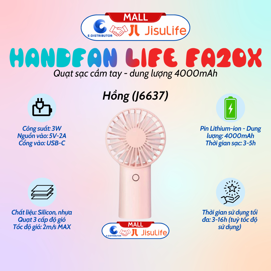 Quạt Cầm Tay Mini JISULIFE HandFan Life3 FA20X Pin4000mAh, Sạc Nhanh, vỏ ABS màu hồng