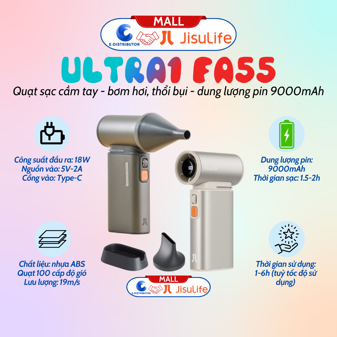 Quạt du lịch cầm tay đa năng Jisulife ULTRA1 FA55 quạt 18W, pin 6 giờ, bơm hơi, thổi bụi - màu xám tối
