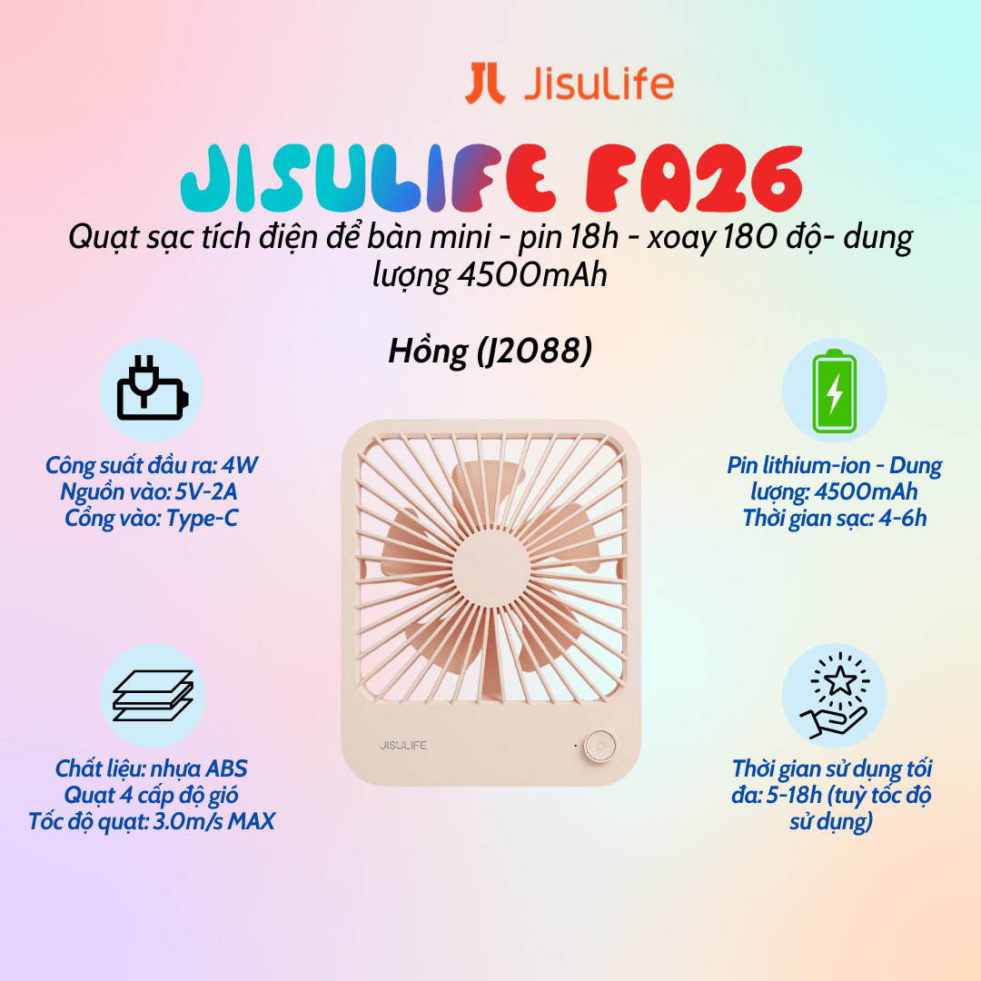 Quạt tích điện mini để bàn Jisulife FA26 pin 4500mah pin 18 giờ, xoay 180 độ - màu hồng