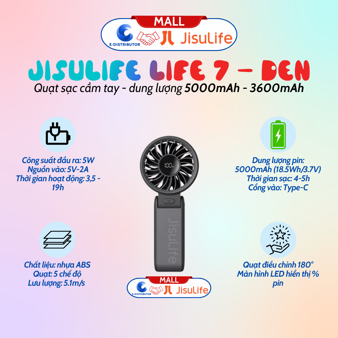 Quạt sạc cầm tay gấp gọn JisuLife Life 7 - dung lượng 5000mAh - Hàng chính hãng - Đen