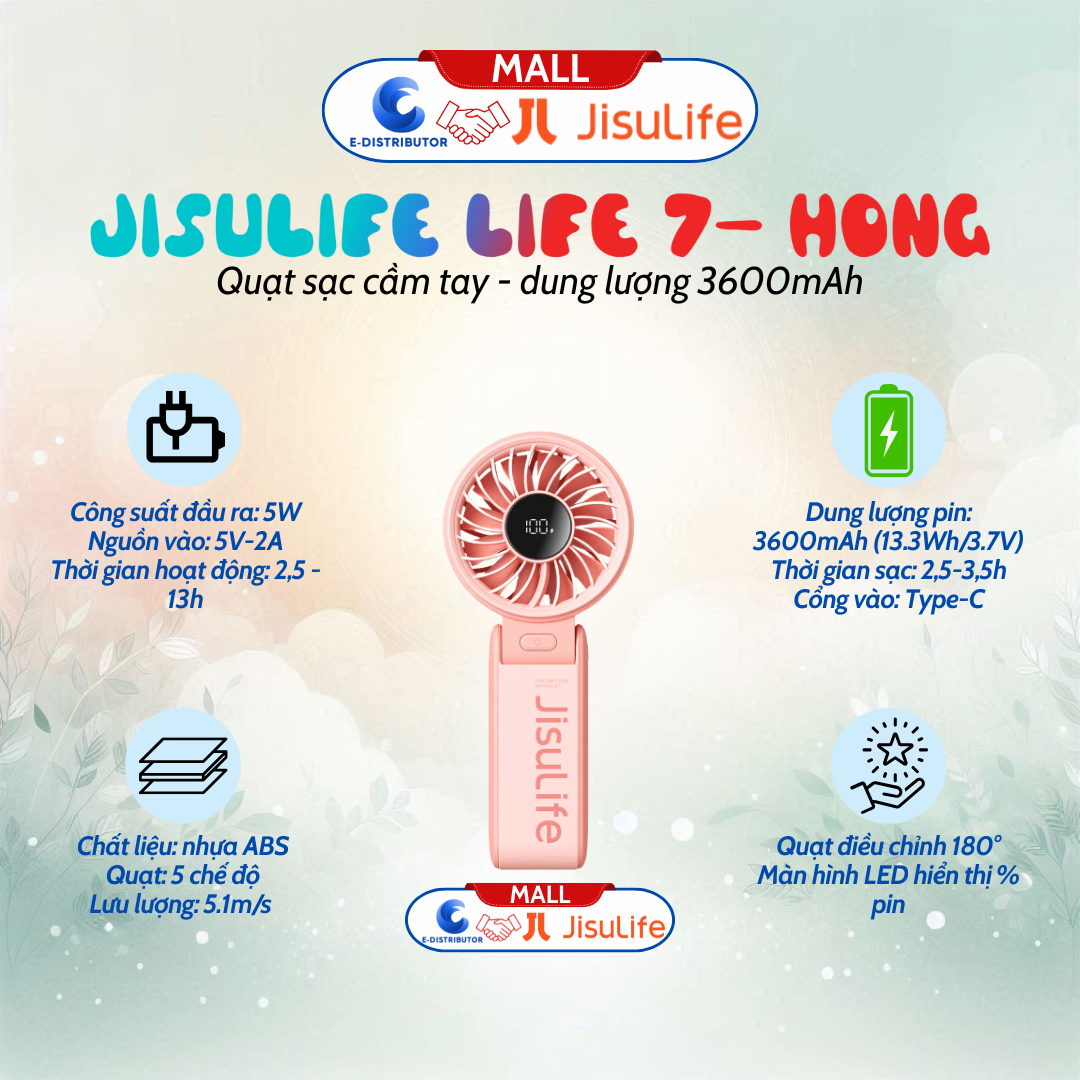 Quạt sạc cầm tay gấp gọn JisuLife Life 7 - dung lượng 3600mAh - Hàng chính hãng -Hồng