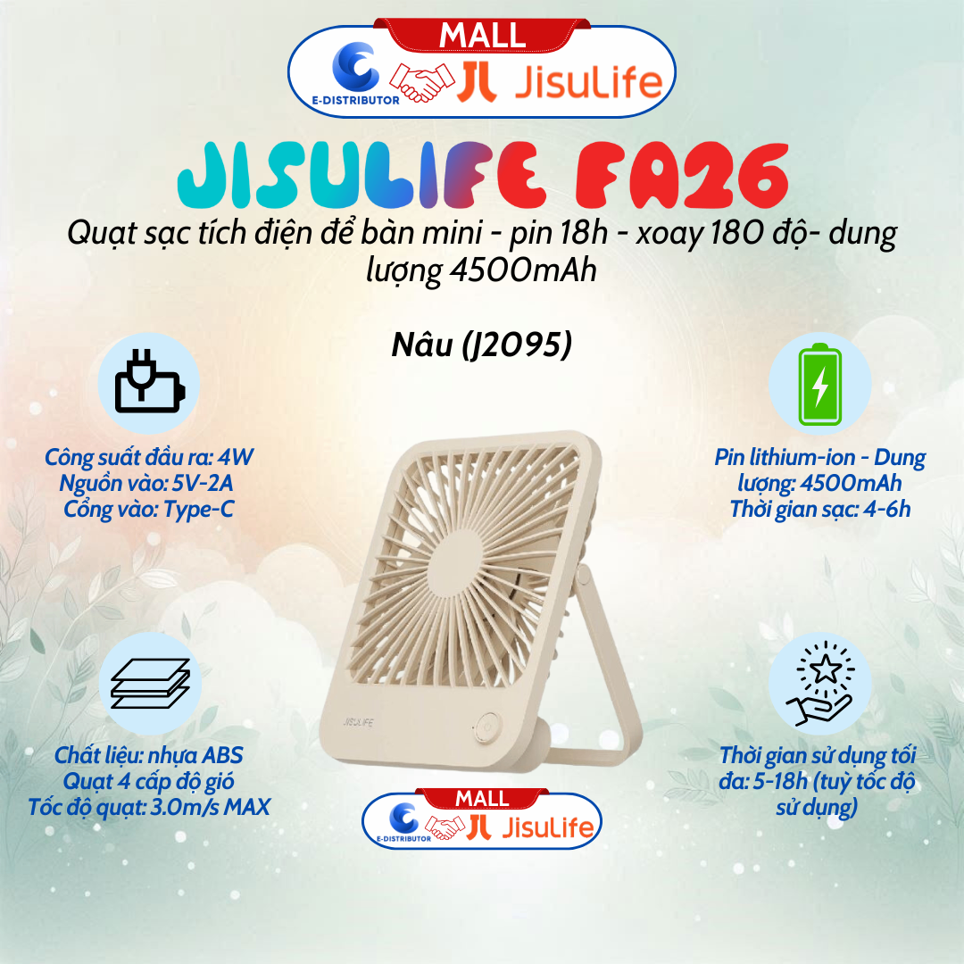Quạt tích điện mini để bàn Jisulife FA26 pin 4500mah pin 18 giờ, xoay 180 độ - Màu nâu