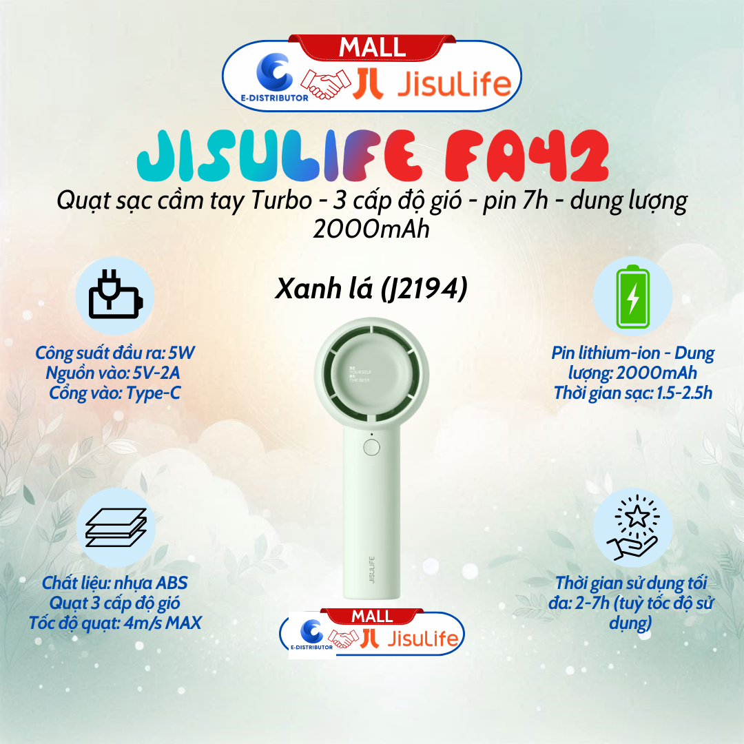 Quạt Mini Cầm Tay JISULIFE FA42 pin 7 giờ 4500mAh - màu xanh lá