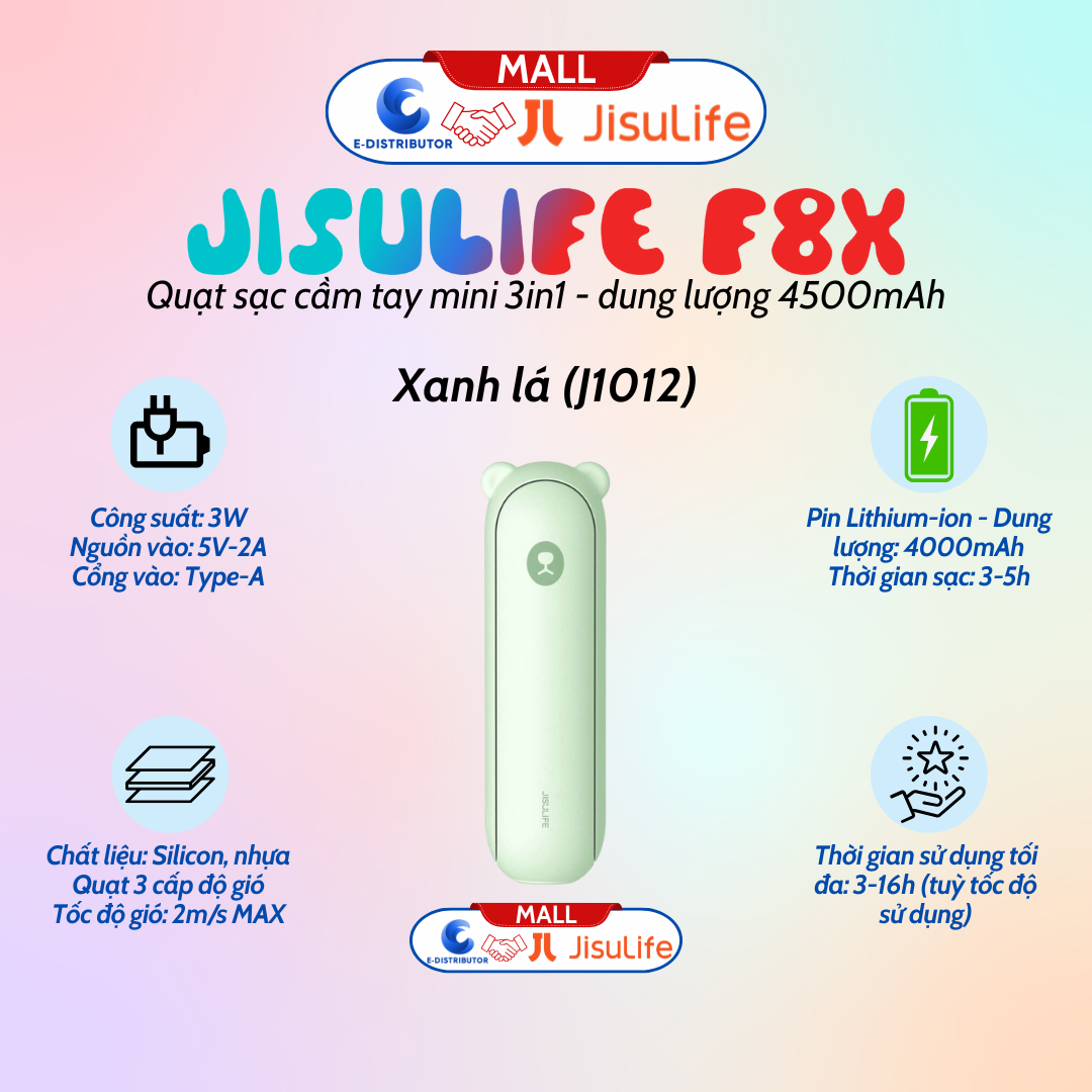 Quạt Cầm Tay Mini JISULIFE F8X 4500mAh Tích Hợp Sạc Dự Phòng, Đèn Pin Siêu Sáng - màu xanh lá