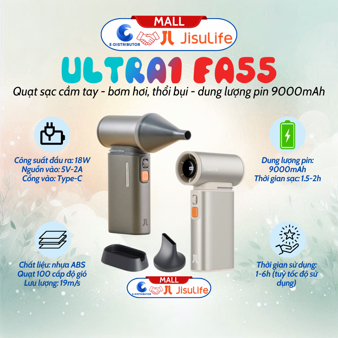 Quạt du lịch cầm tay đa năng Jisulife ULTRA1 FA55 quạt 18W, pin 6 giờ, bơm hơi, thổi bụi - màu nâu sáng