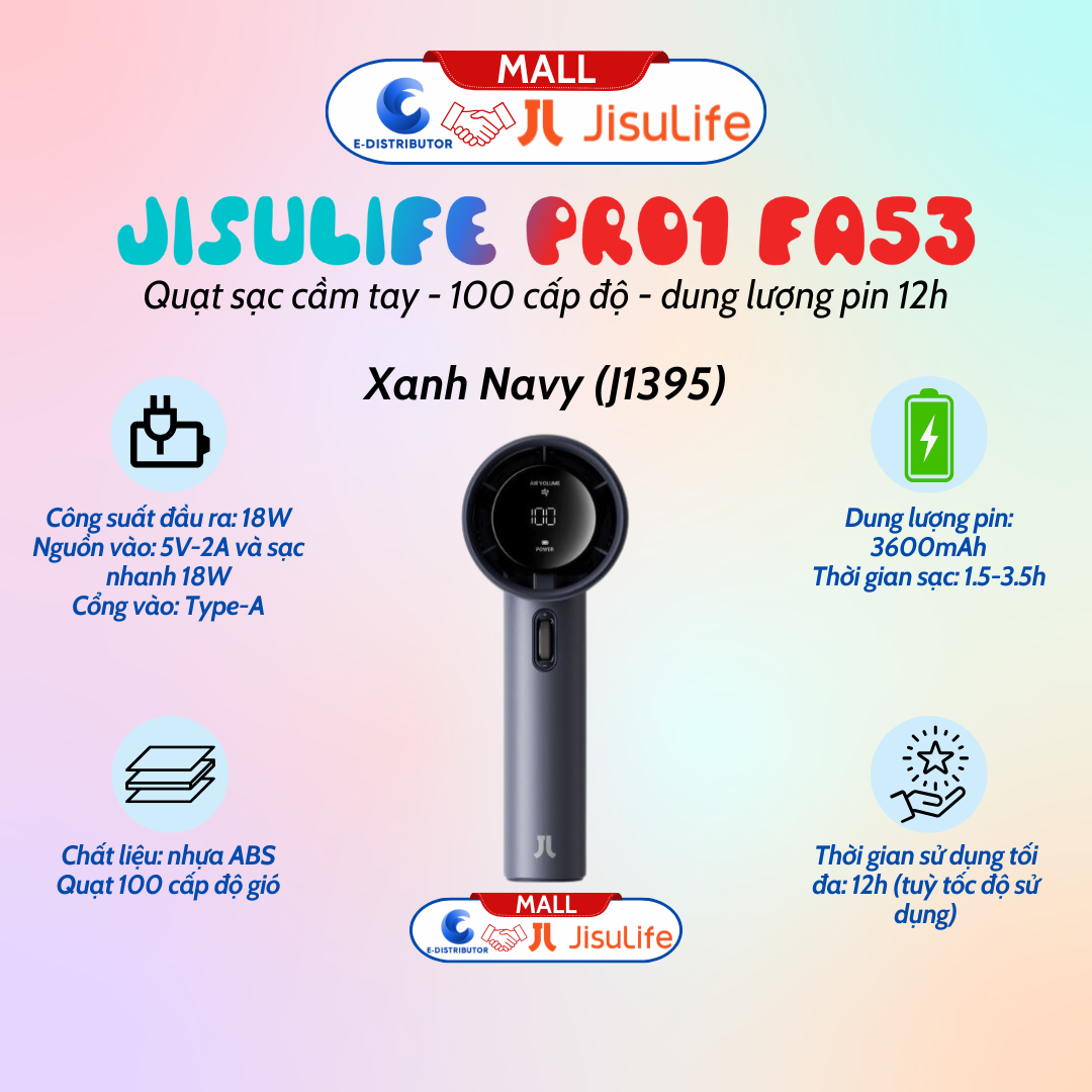 Quạt cầm tay mini đa năng Jisulife Pro1 FA53 vỏ nhựa ABS pin 12 giờ, 100 cấp độ gió - màu xanh navy