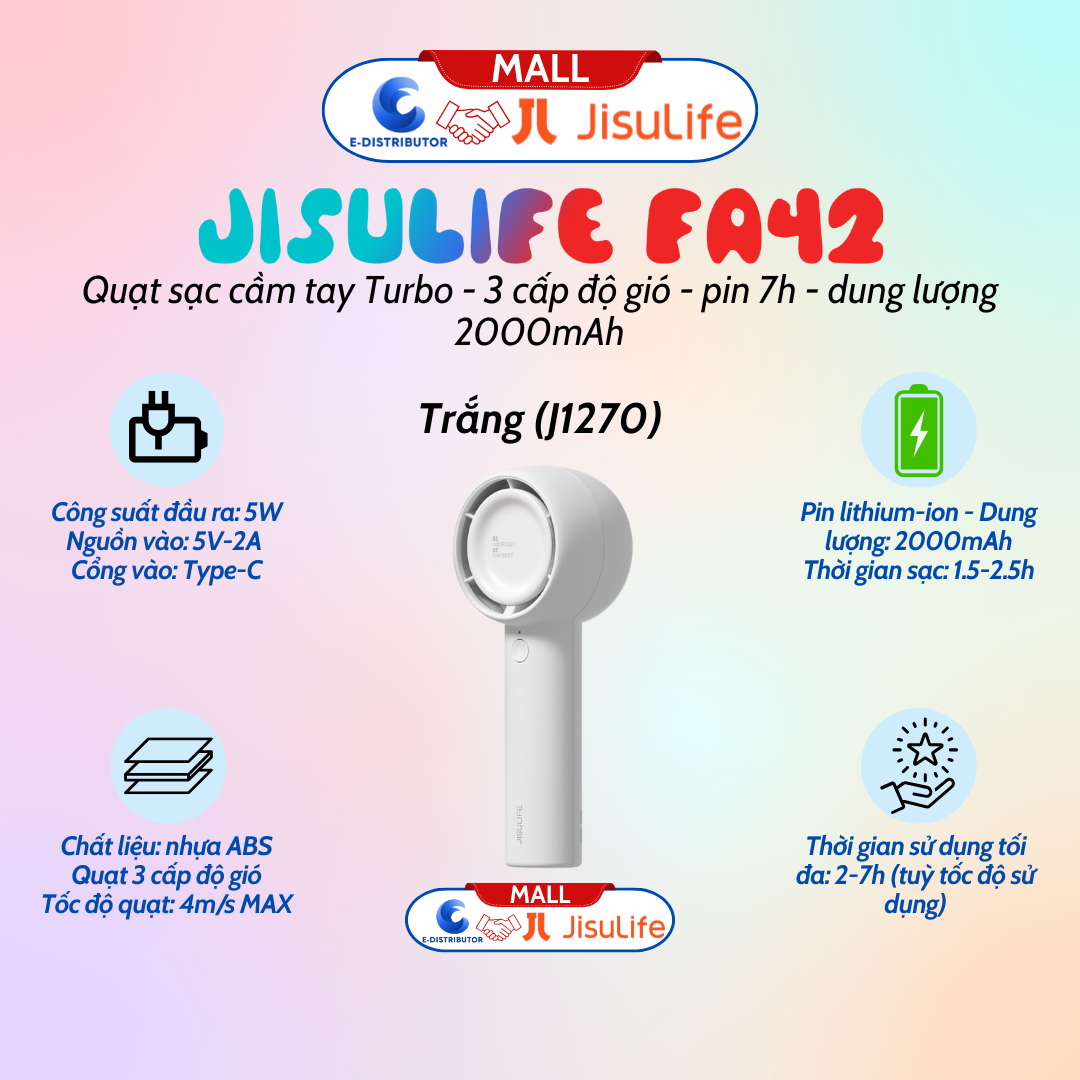 Quạt cầm tay Mini JISULIFE FA42 pin 2000mAh - màu trắng