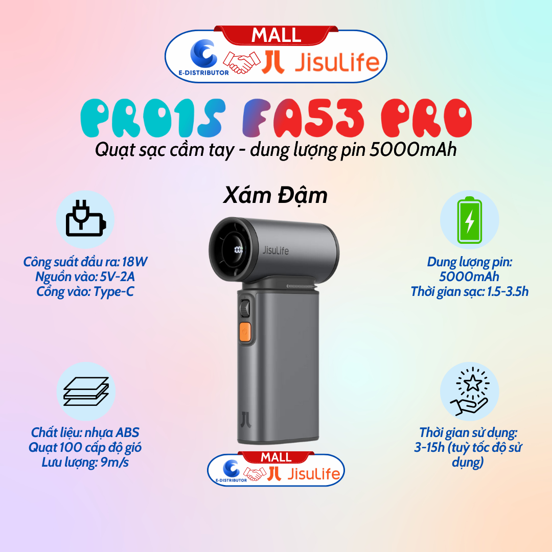 Quạt Cầm Tay Cao Cấp JISULIFE Pro1S vỏ hợp kim FA53 PRO 18W, pin 15 giờ, sạc nhanh, có đèn led - màu ngẫu nhiên