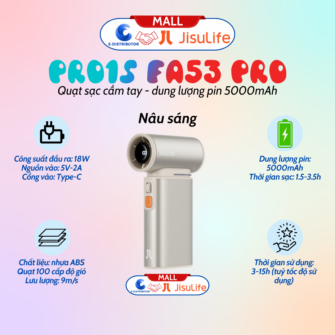 Quạt Cầm Tay Cao Cấp JISULIFE Pro1S FA53 PRO , vỏ kim loại 18W, pin 15 giờ, sạc nhanh, có đèn led - màu nâu sáng