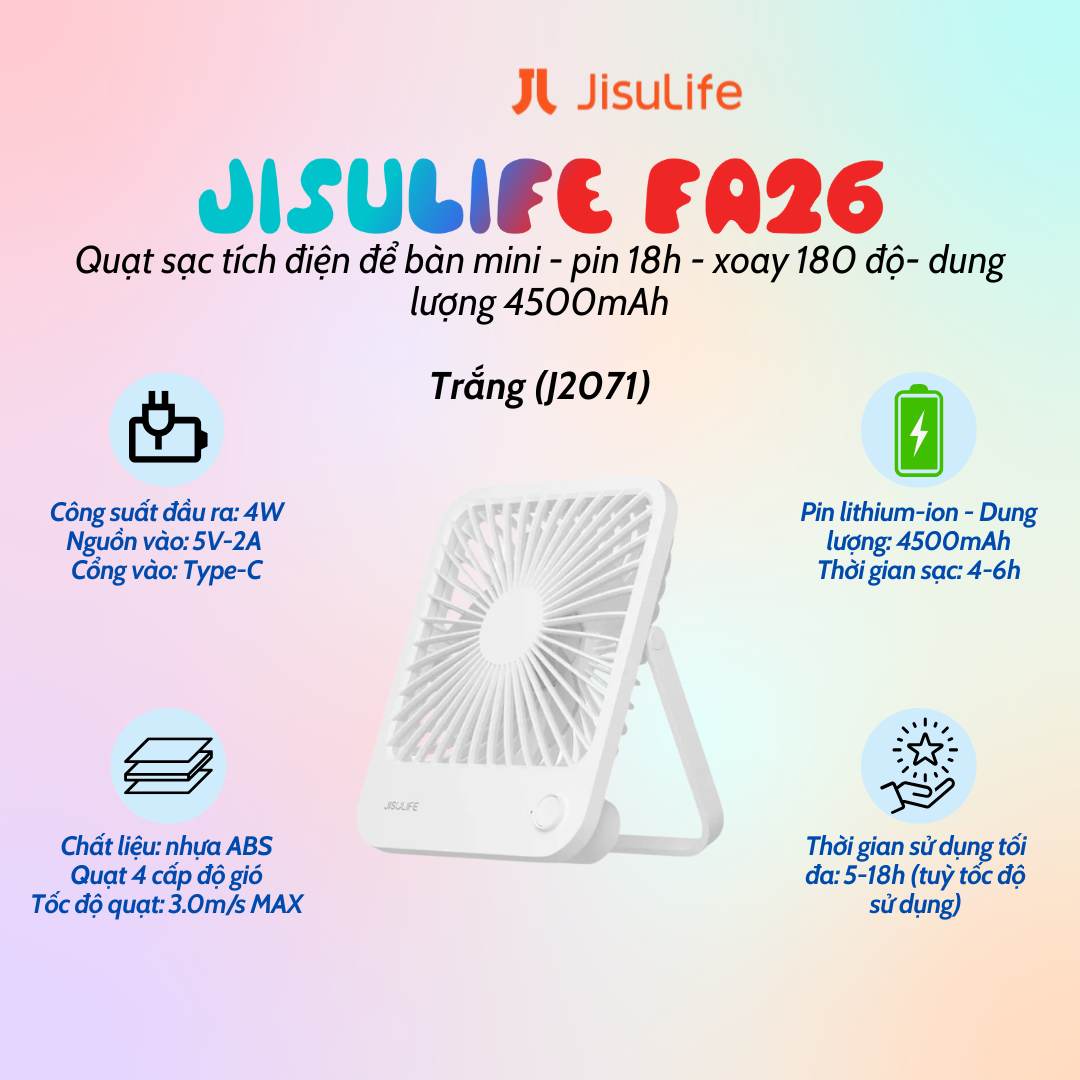 Quạt tích điện mini để bàn Jisulife FA26 pin 4500mah pin 18 giờ, xoay 180 độ màu trắng