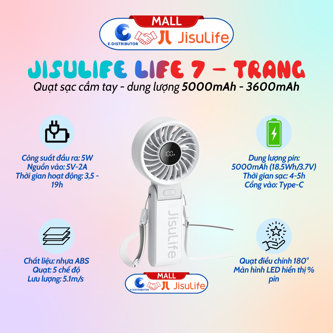Quạt sạc cầm tay gấp gọn JisuLife Life 7 - dung lượng 5000mAh - Hàng chính hãng - Trắng