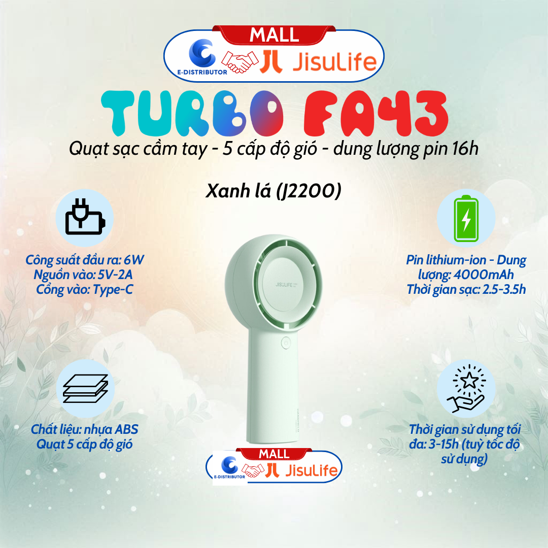 Quạt Mini Cầm Tay Jisulife FA43 pin 16 giờ, 5 cấp độ gió - màu xanh lá