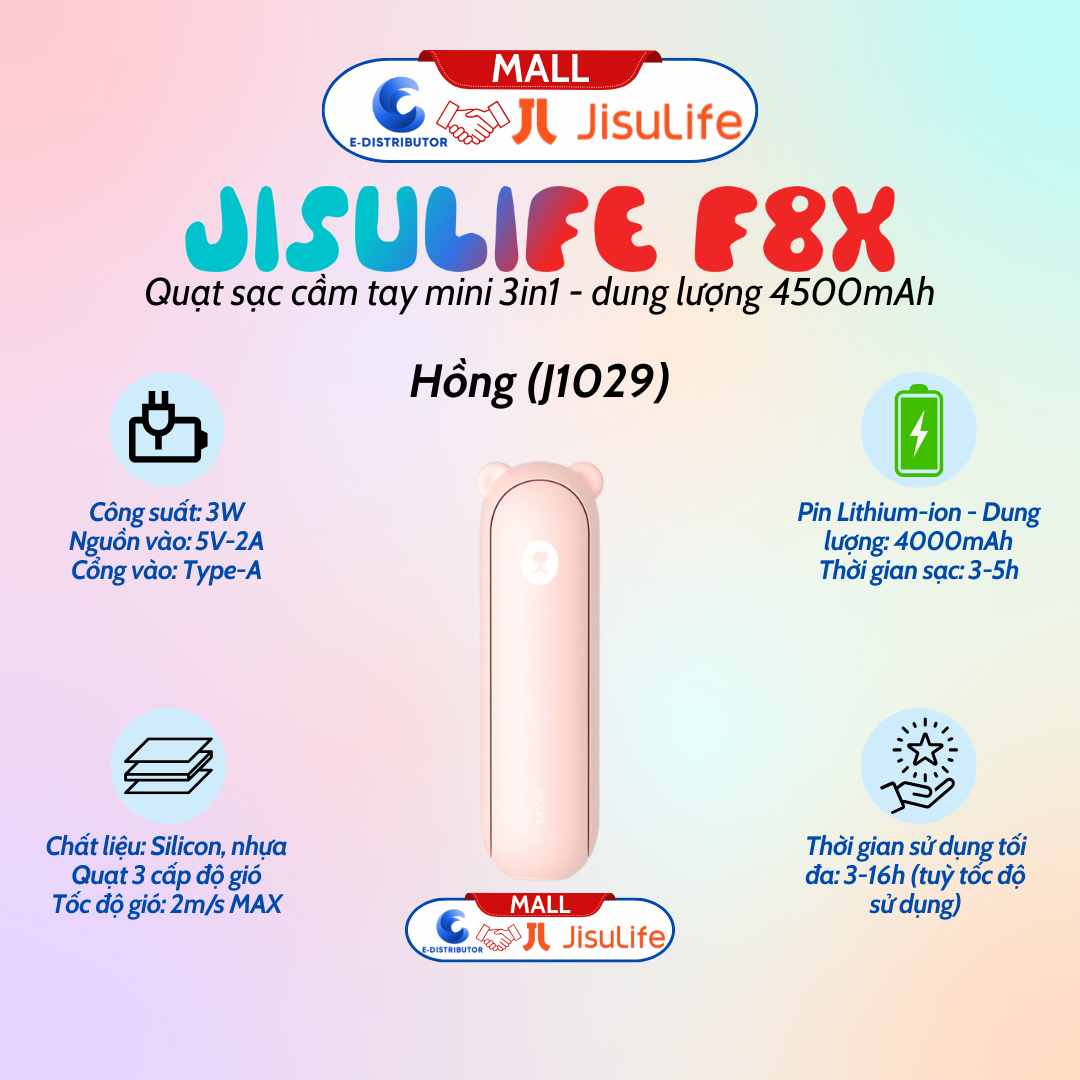Quạt Cầm Tay Mini JISULIFE F8X 4500mAh Tích Hợp Sạc Dự Phòng, Đèn Pin Siêu Sáng màu hồng