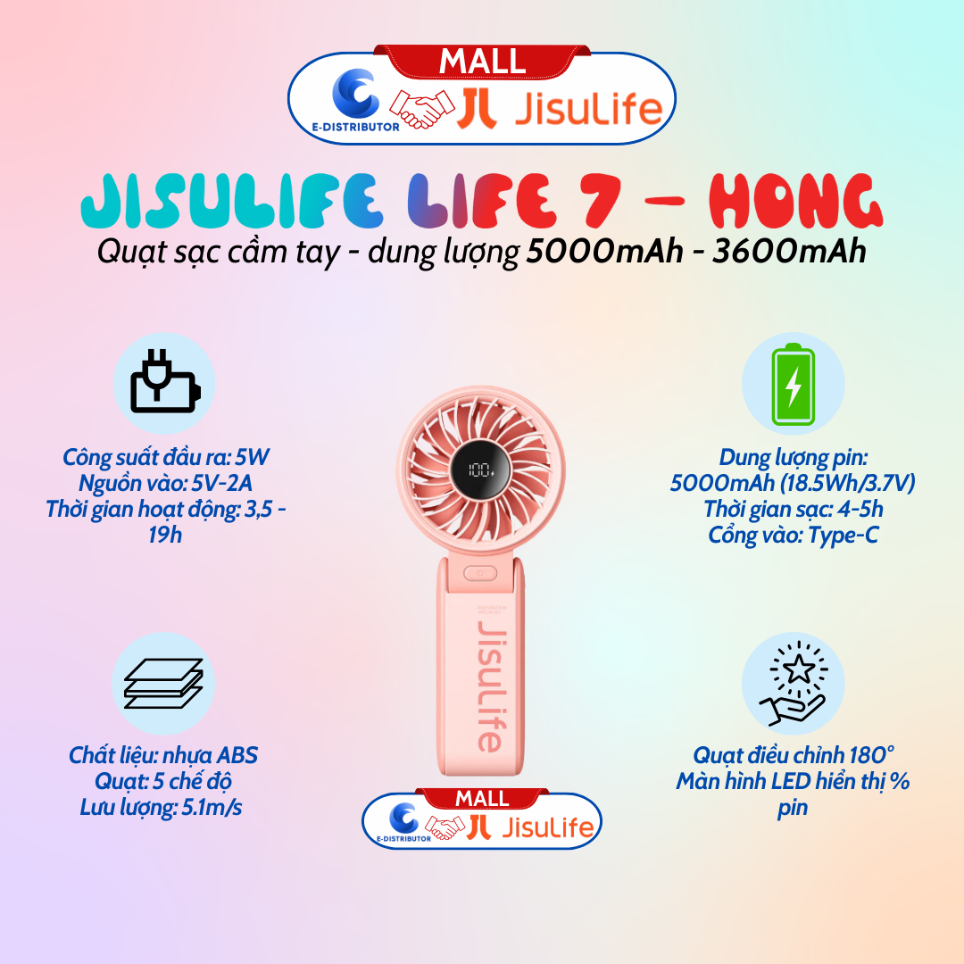 Quạt sạc cầm tay gấp gọn JisuLife Life 7 - dung lượng 5000mAh - Hàng chính hãng - màu ngẫu nhiên