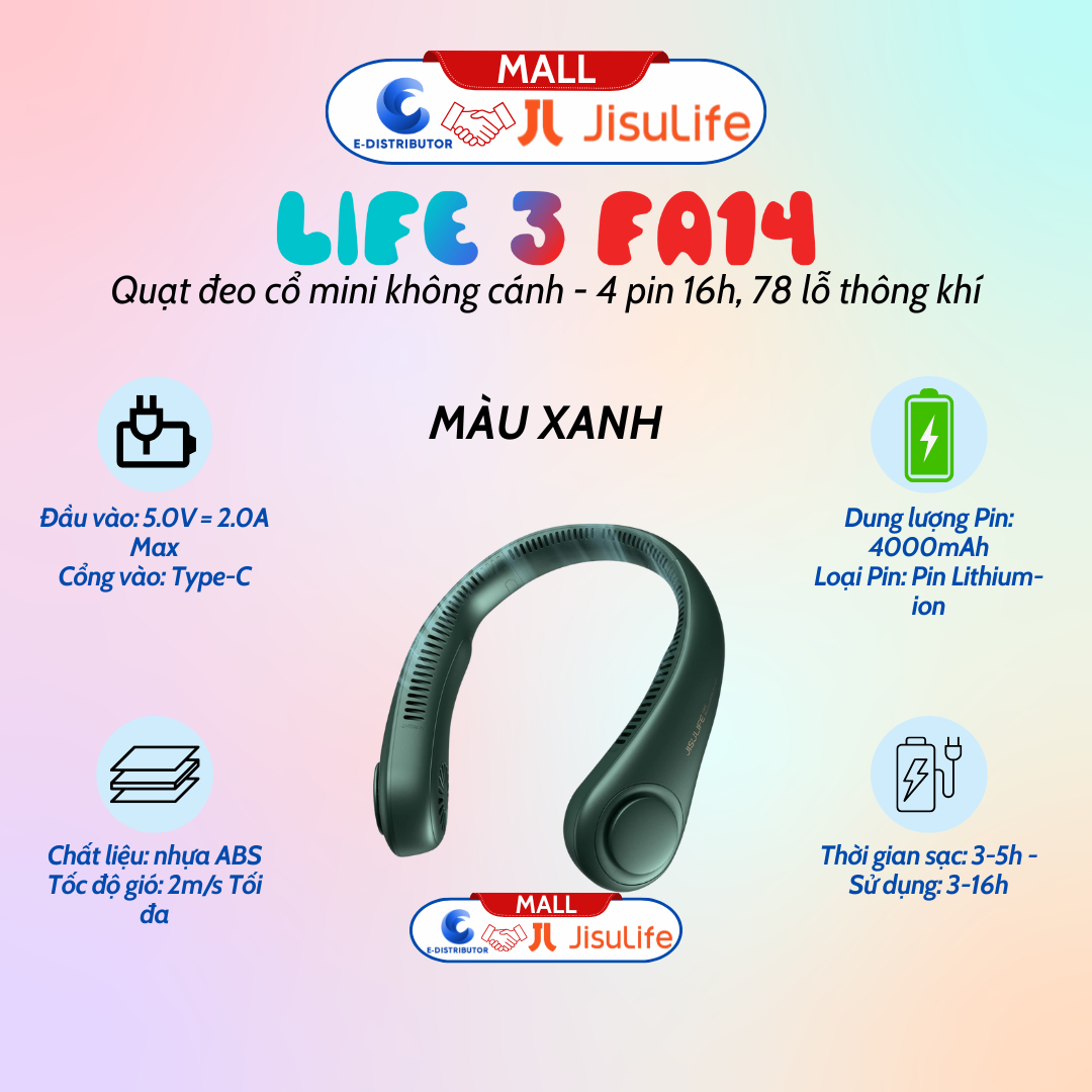 Quạt đeo cổ mini không cánh Jisulife NECK FAN LIFE3 FA14 pin 16 giờ, 78 lỗ thông khí màu xanh lá