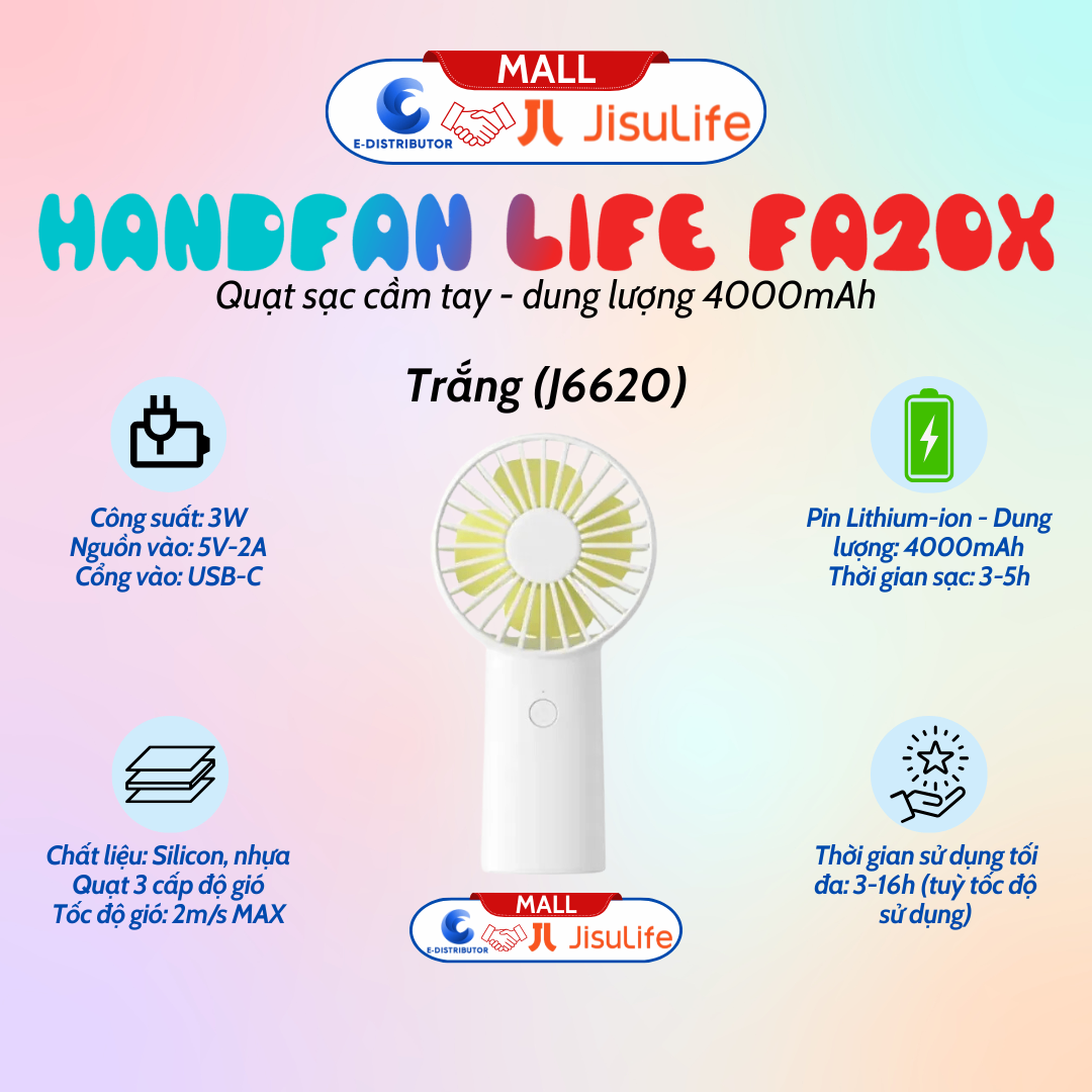 Quạt Cầm Tay Mini JISULIFE HandFan Life3 FA20X Pin4000mAh, Sạc Nhanh, vỏ ABS màu trắng