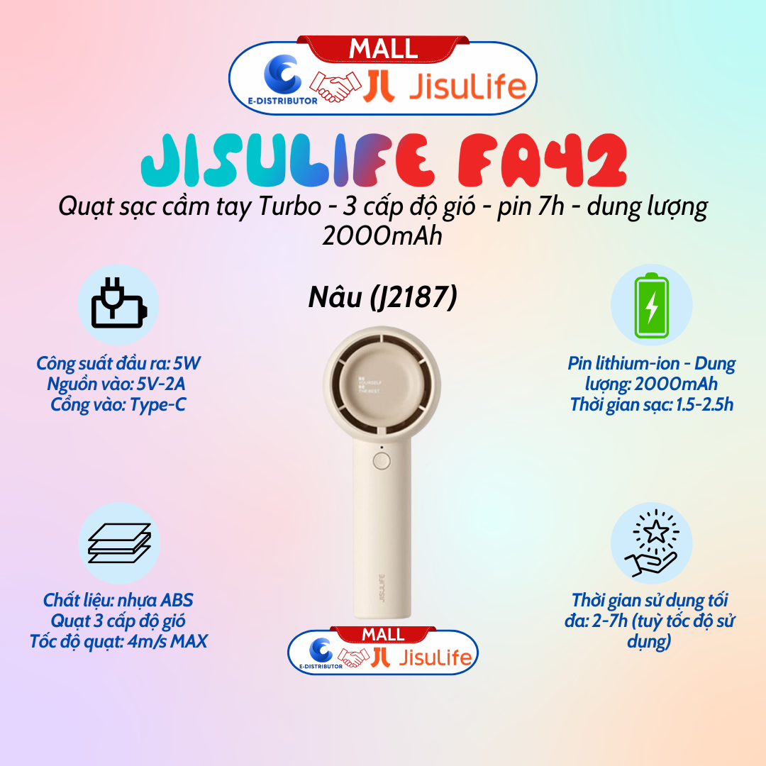 Quạt cầm tay Mini JISULIFE FA42 pin 2000mAh màu nâu