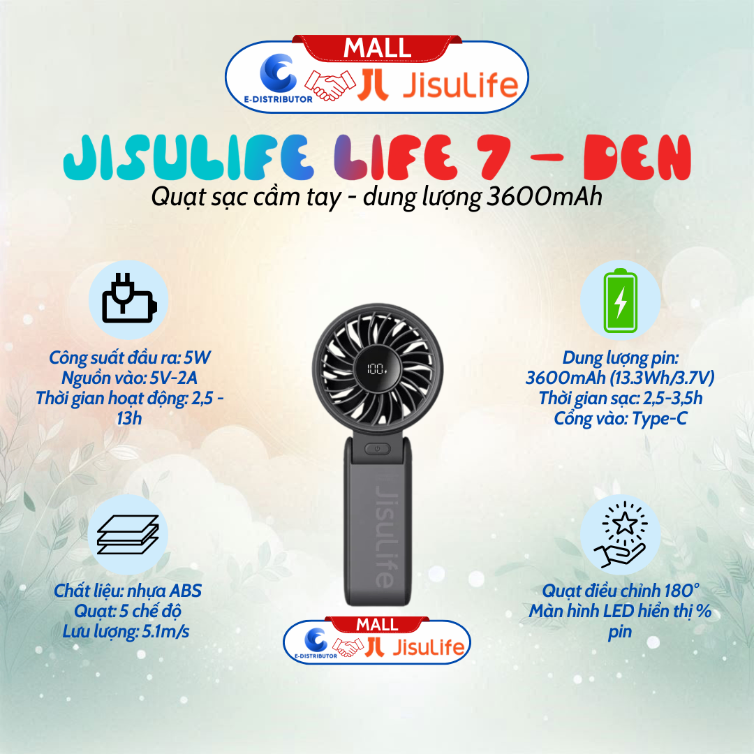 Quạt sạc cầm tay gấp gọn JisuLife Life 7 - dung lượng 3600mAh - Hàng chính hãng - Đen