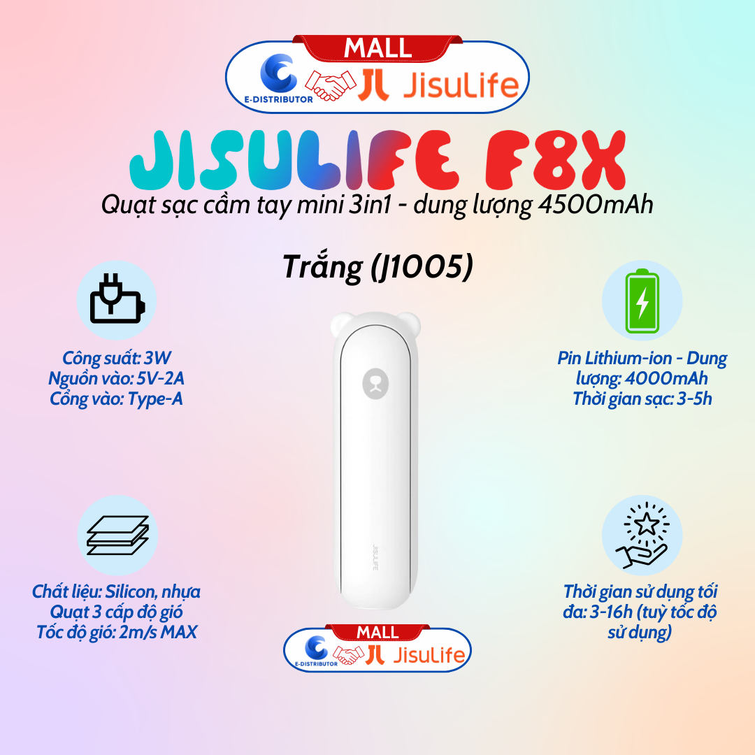 Quạt Cầm Tay Mini JISULIFE F8X 4500mAh Tích Hợp Sạc Dự Phòng, Đèn Pin Siêu Sáng màu trắng