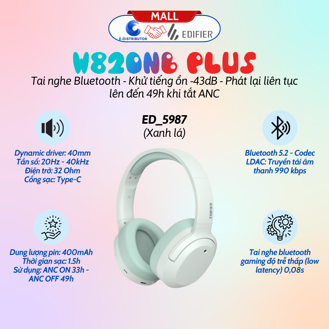 Tai nghe Bluetooth Edifier W820NB Plus - Xanh Lá