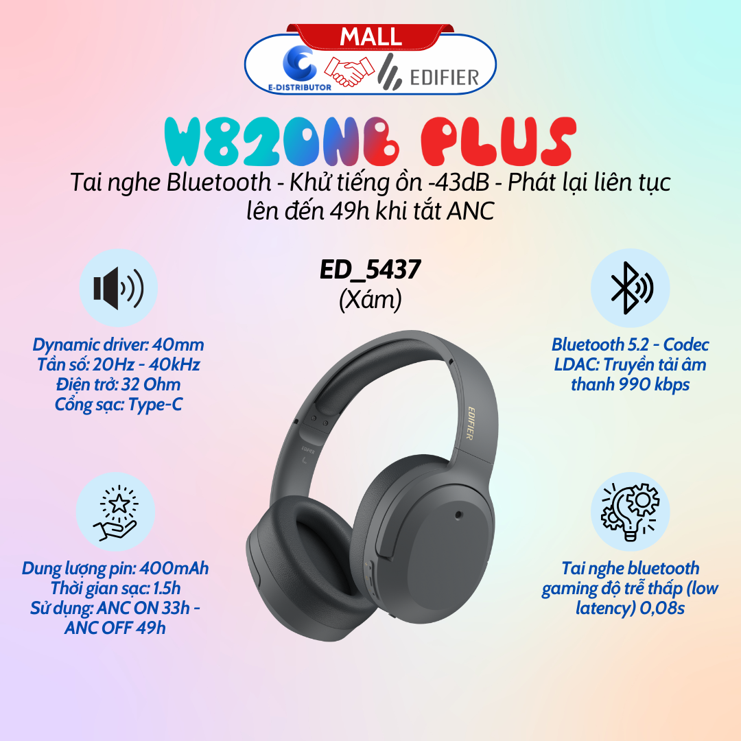 Tai nghe Bluetooth Edifier W820NB Plus Xám