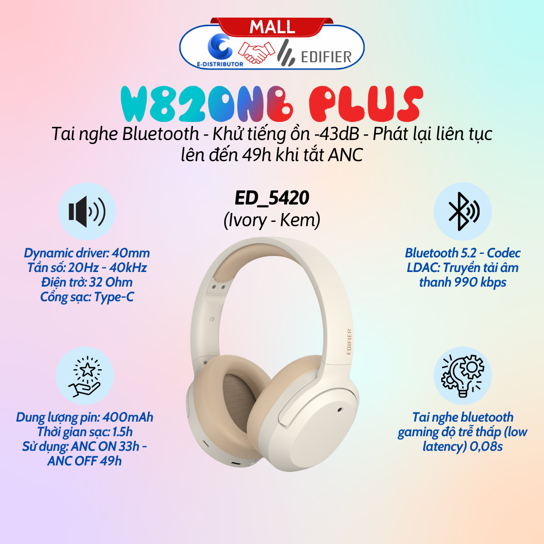 Tai nghe Bluetooth Edifier W820NB Plus Ivory ( kem)