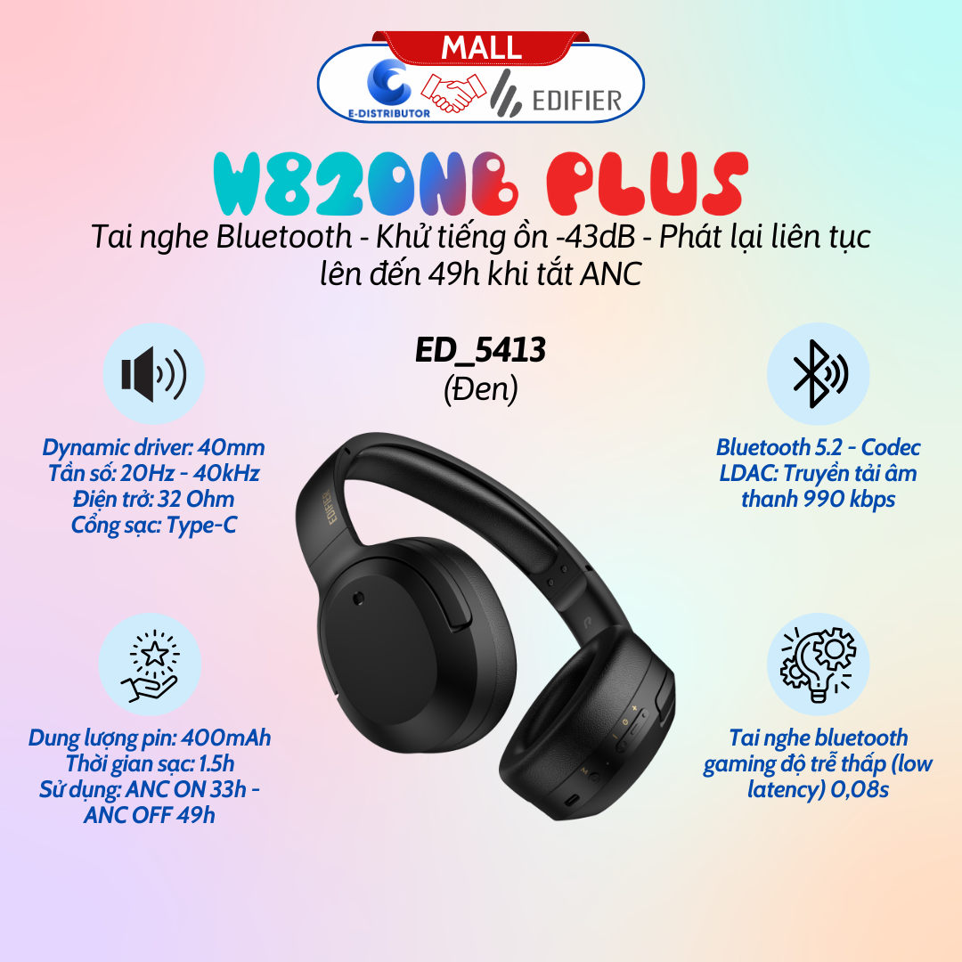 Tai nghe Bluetooth Edifier W820NB Plus Đen
