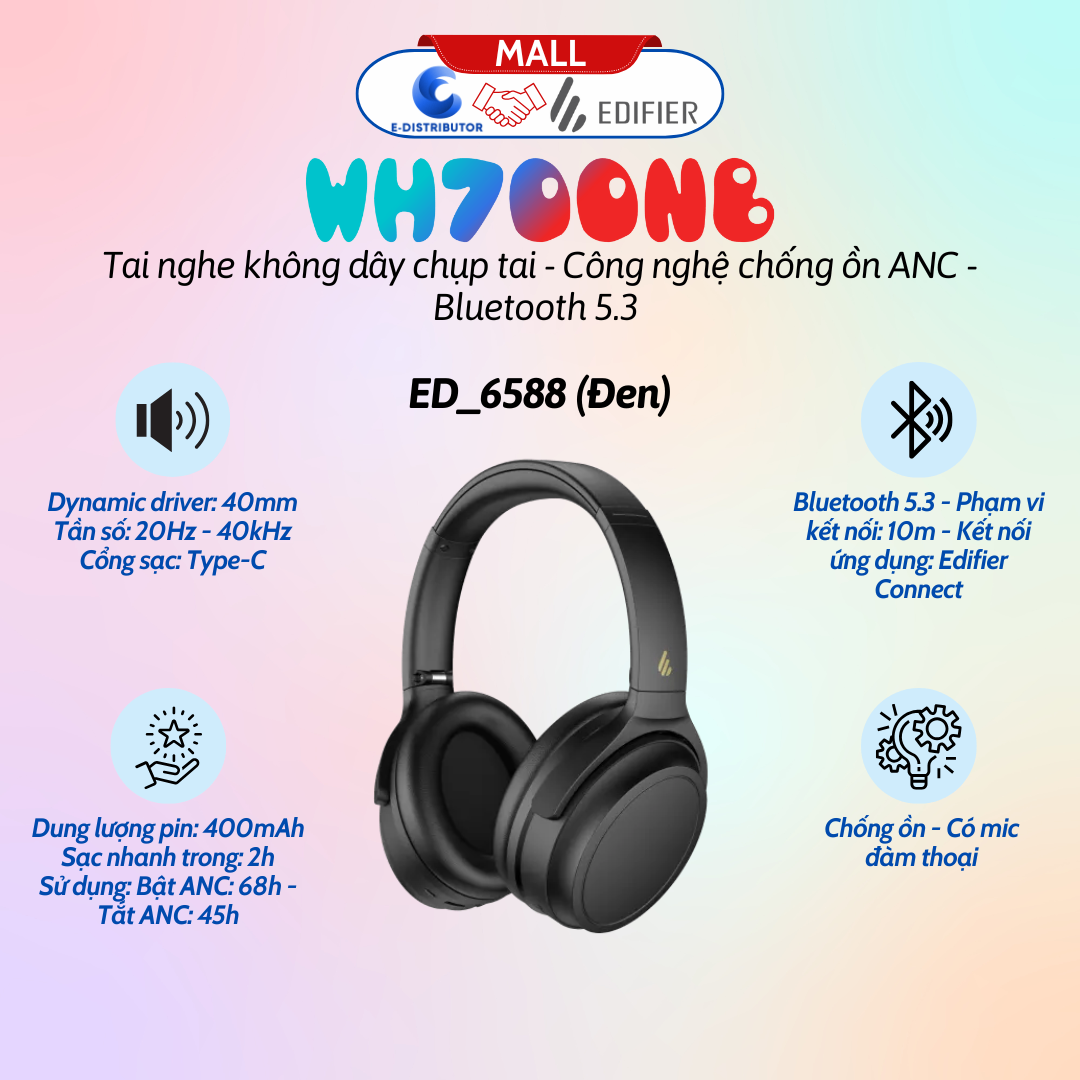 Tai nghe Bluetooth Edifier WH700NB - Đen