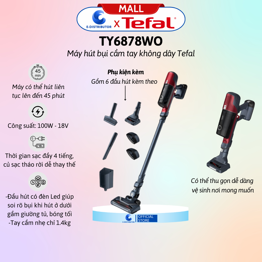 Máy húi bụi không dây Tefal X-pert 6.60 TY6878WO - Đỏ xám