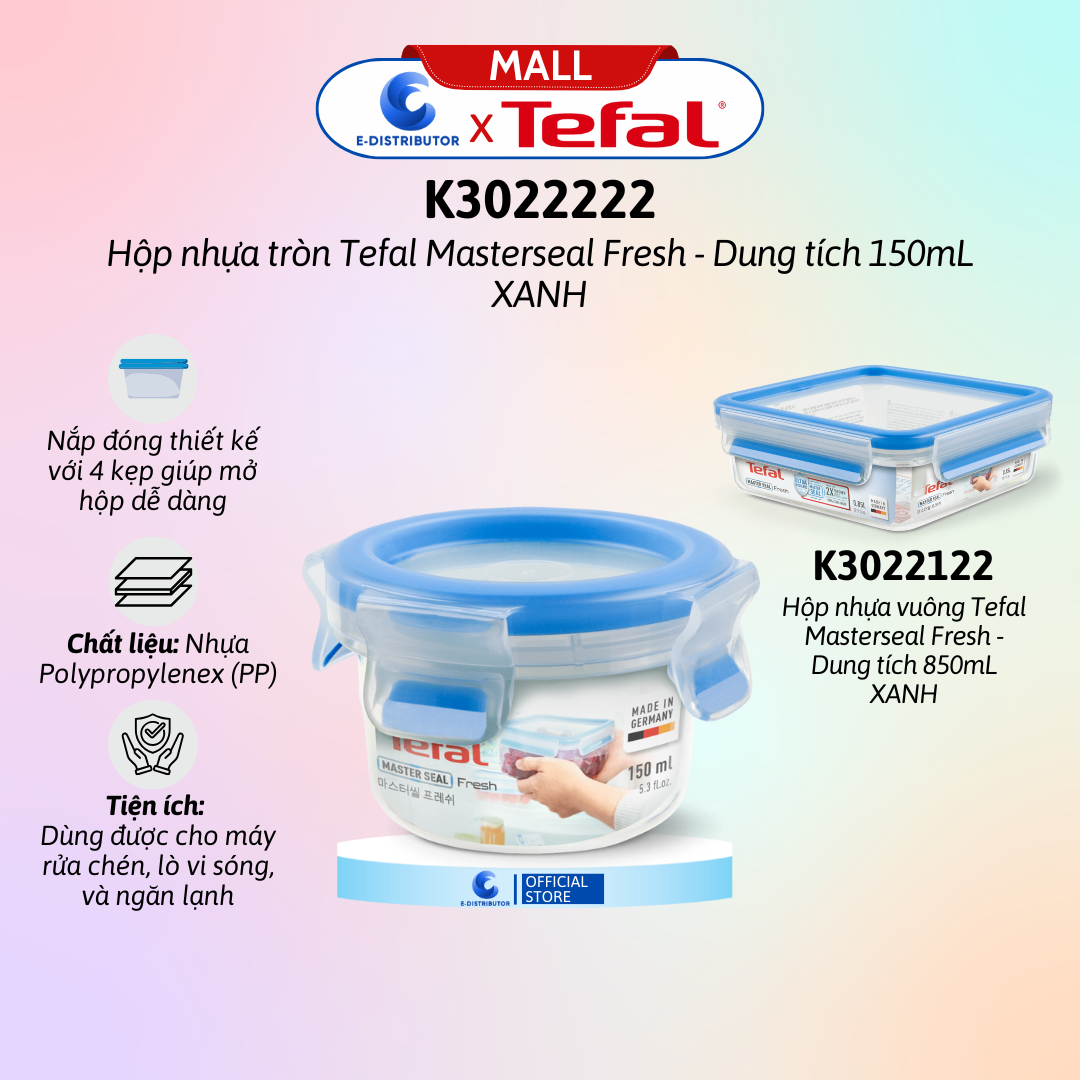 Hộp nhựa tròn Tefal Masterseal Fresh K3022222 - 0.15L - xanh