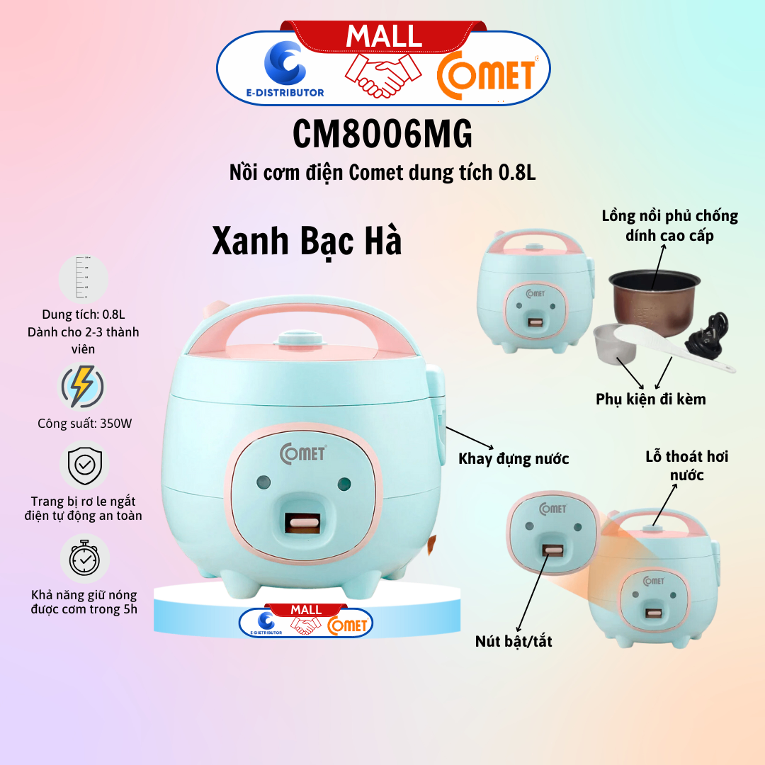 Nồi cơm điện hiệu COMET CM8006MG màu xanh bạc hà 0.8L