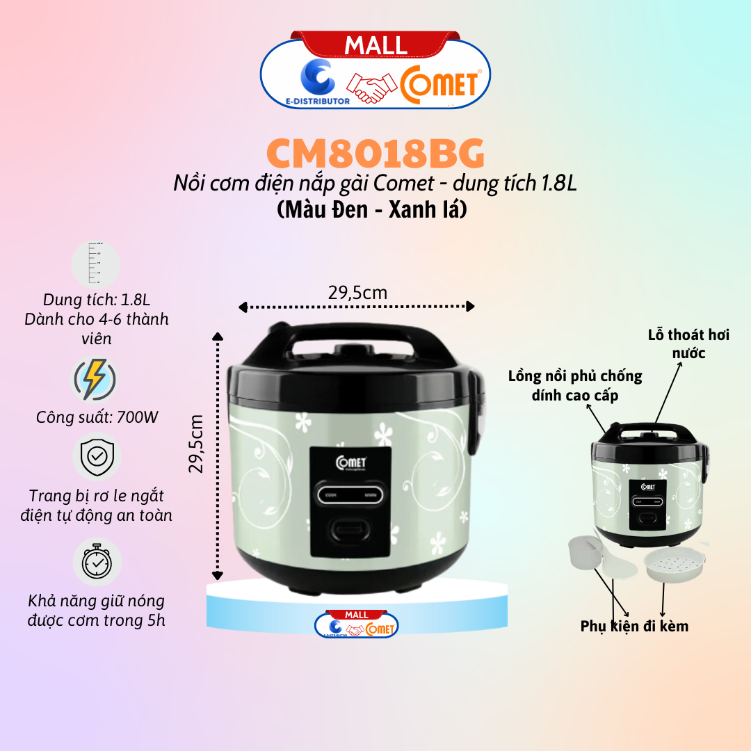 Nồi cơm điện hiệu COMET CM8016BG màu đen xanh lá 1.8L