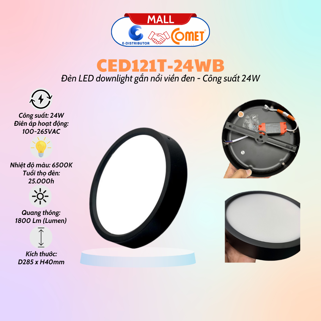 Đèn Led Downlight tròn gắn nổi thân đen, 24W 6500K, hiệu Comet - CED121T-24DB