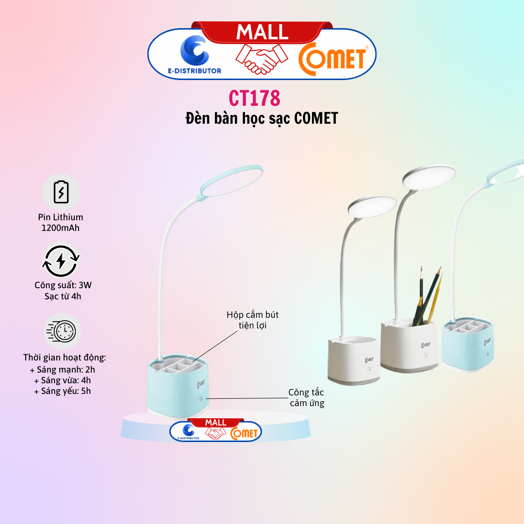 Đèn bàn sạc Led, màu trắng, hiệu Comet - CT178W