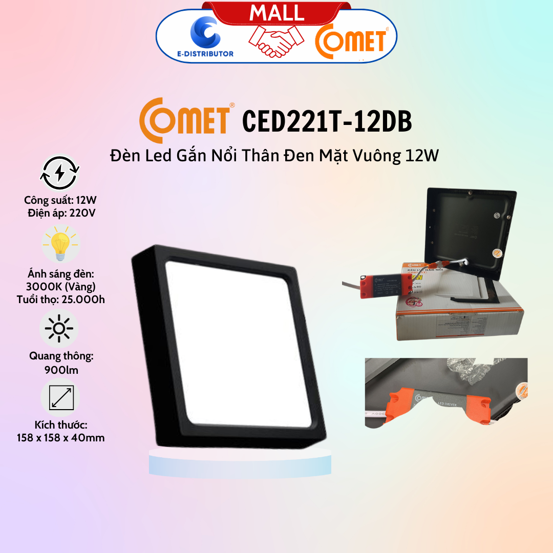 Đèn Led Downlight vuông gắn nổi, 12W 6500K, hiệu Comet - CED221T-12D