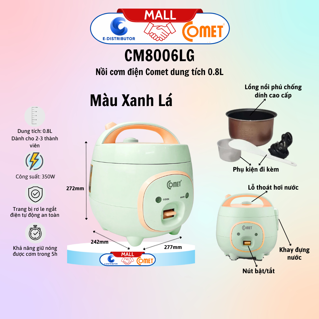 Nồi cơm điện hiệu COMET CM8006LG màu xanh lá 0.8L