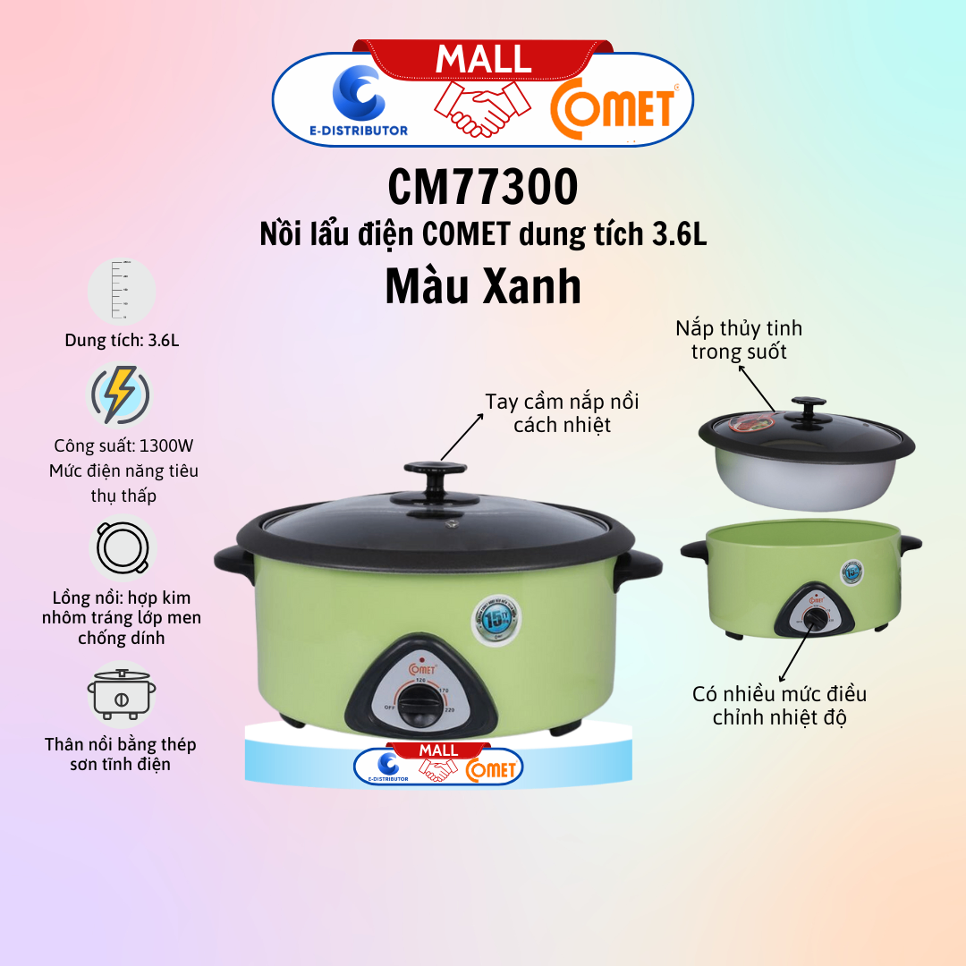 Nồi lẩu điện hiệu COMET CM7730G màu xanh lá 3.6L