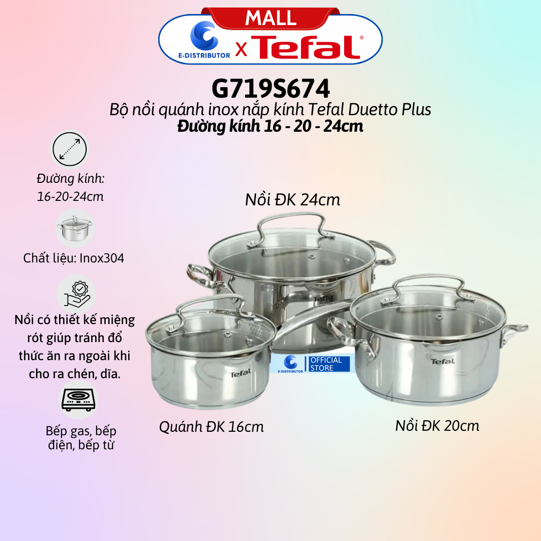 Bộ 3 nồi Tefal Duetto Plus(Quánh 16cm - 1.4L, Nồi 20cm - 2.8L, Nồi 24cm - 4.9L) Tefal G719S674