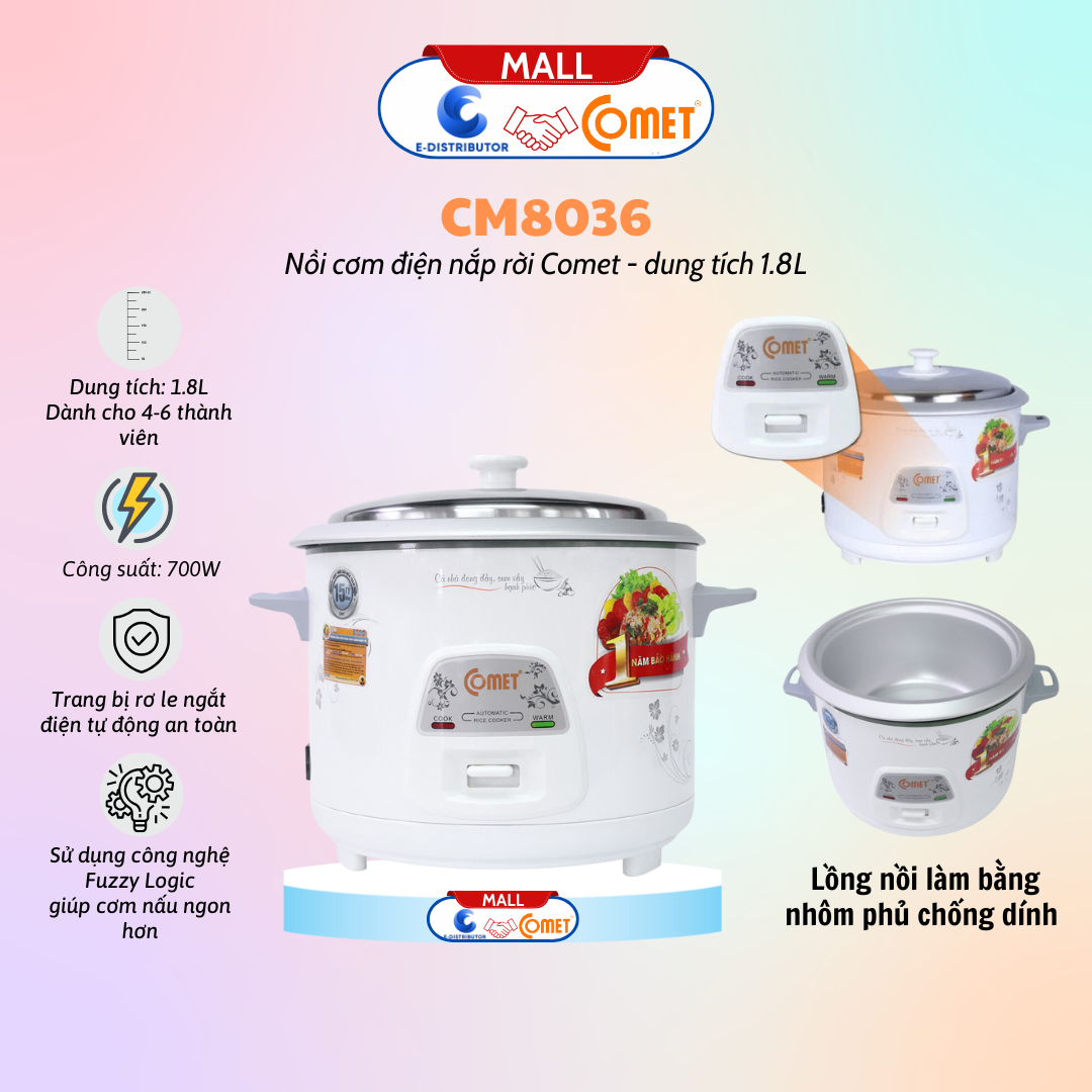 Nồi cơm điện hiệu COMET CM8036 màu trắng đỏ 1.8L
