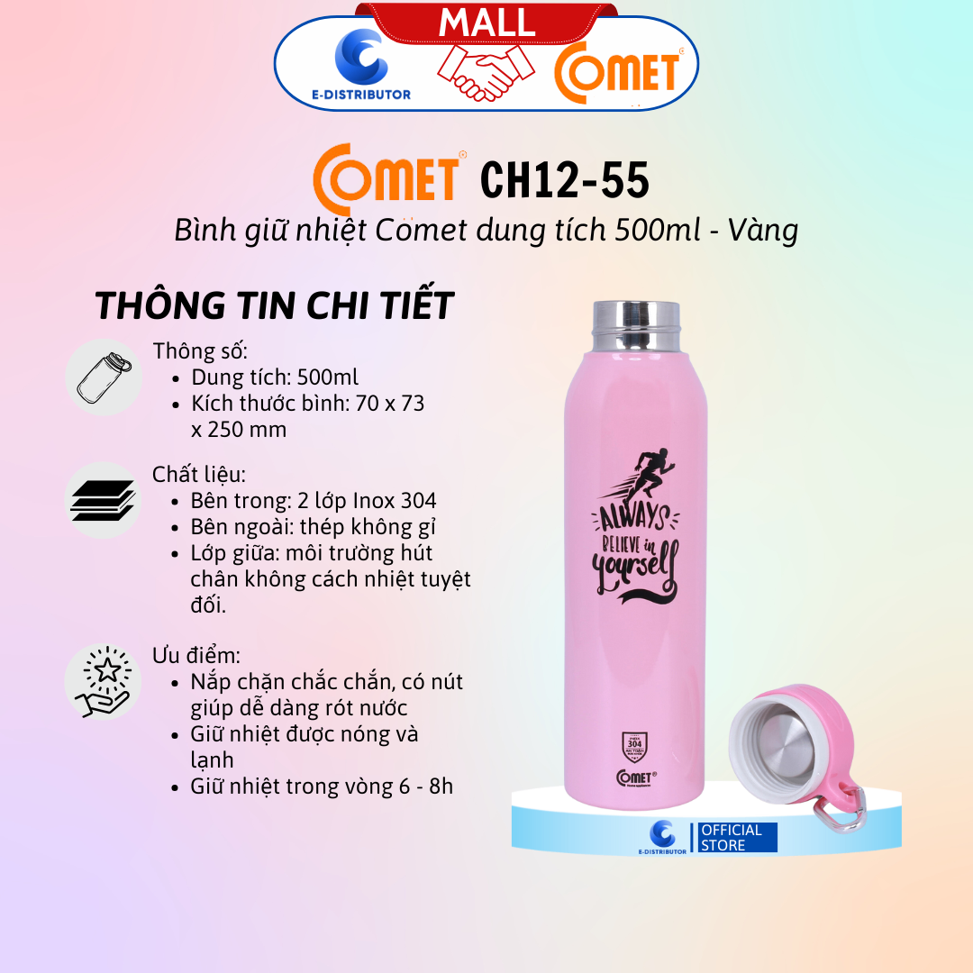 Bình giữ nhiệt CH12-55P hiệu Comet màu hồng