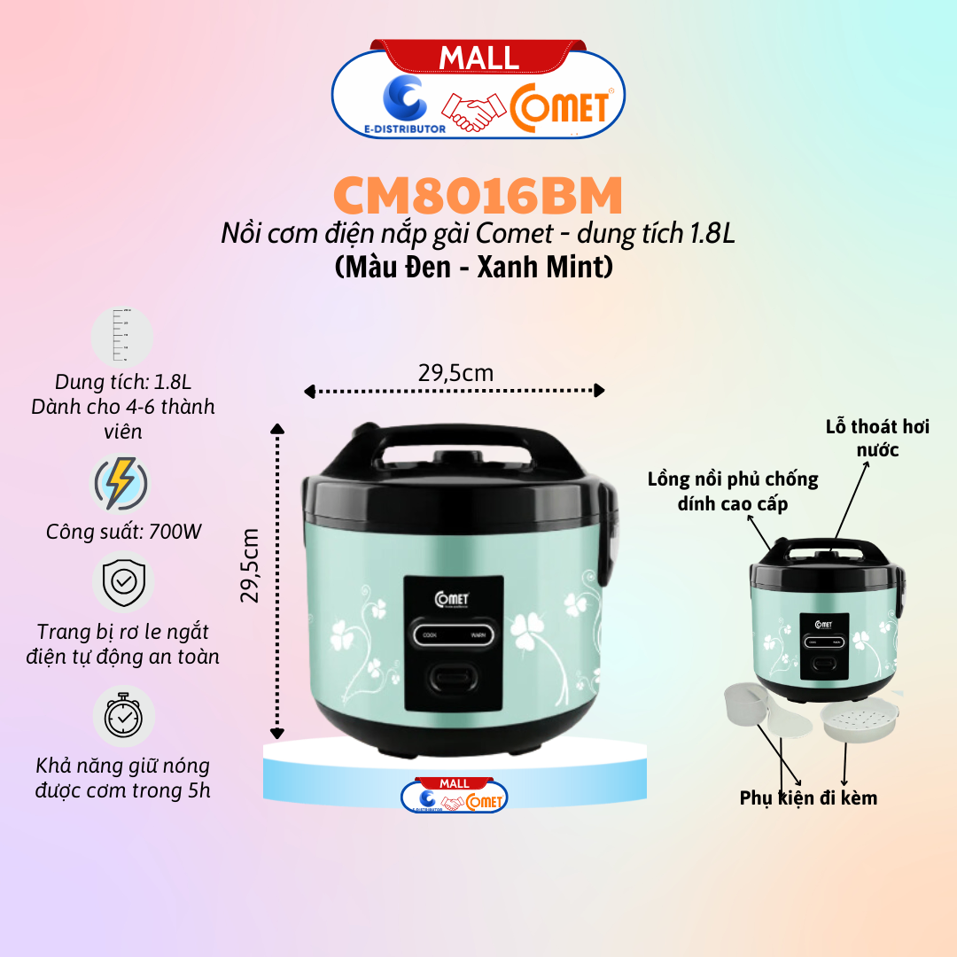 Nồi cơm điện hiệu COMET CM8016BM màu đen xanh bạc hà 1.8L