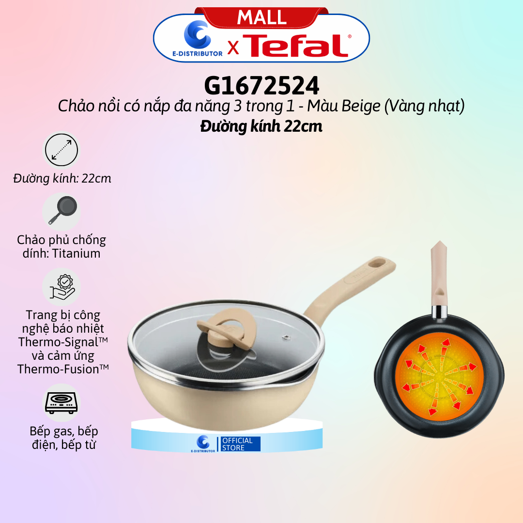 Chảo nồi có nắp đa năng 3 trong 1 - 22cm, vàng mù-tạt Tefal G1802524
