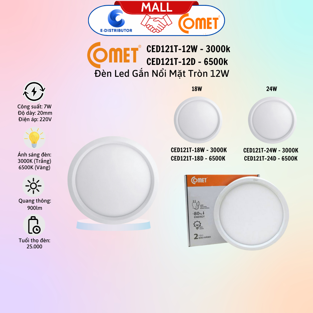 Đèn Led Downlight tròn gắn nổi, 12W 6500K, hiệu Comet - CED121T-12D
