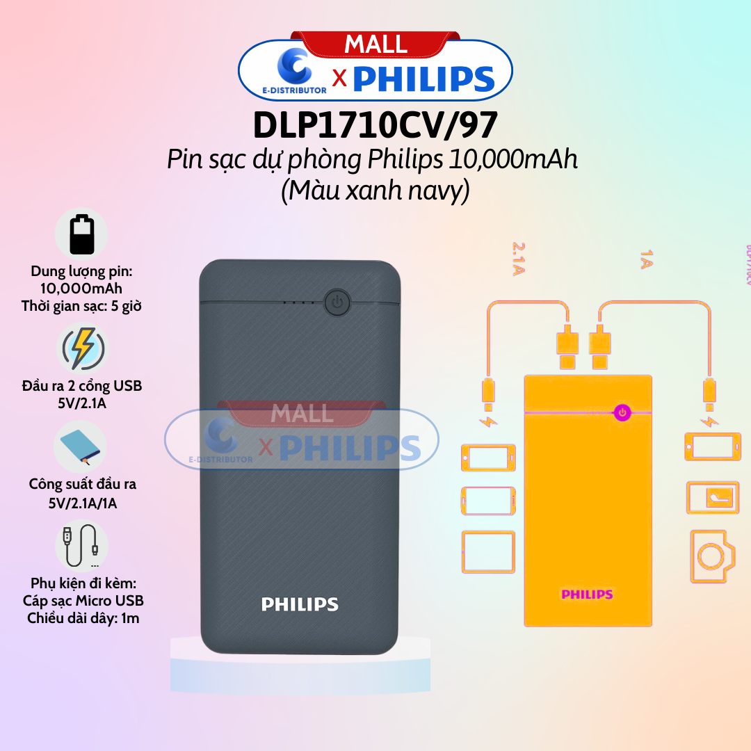 Pin sạc dự phòng Philips 10.000mAh Type C DLP1710CV/97 màu Navy