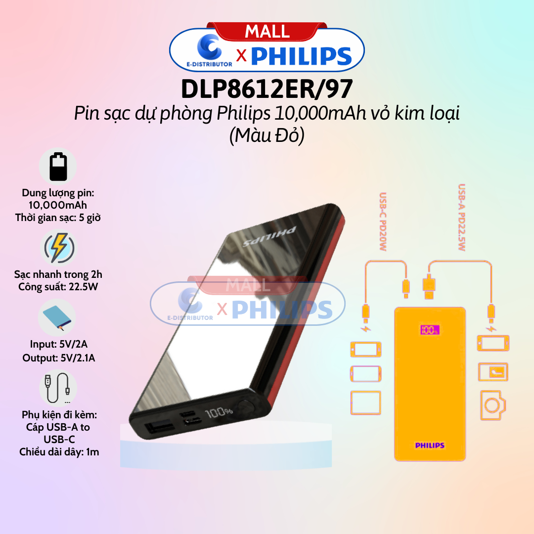 Pin sạc dự phòng vỏ kim loại Digtal Display 22.5W 10.000mAh Philips DLP8612ER/97 màu đỏ