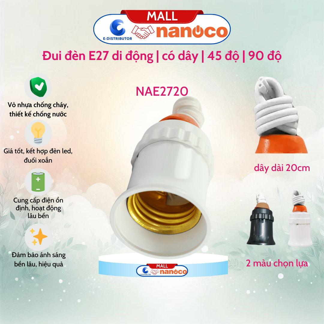Đuôi đèn treo kín nước có dây 20cm trắng Nanoco NAE2720W