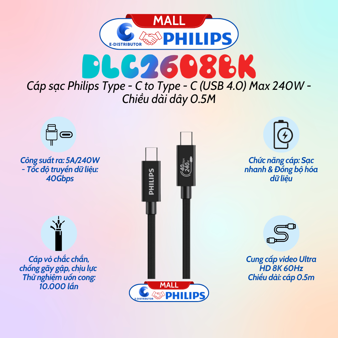 Cáp sạc Sync & Charge Type-C to Type-C 0.5m USB4.0/240W/40G Philips DCL2608BK