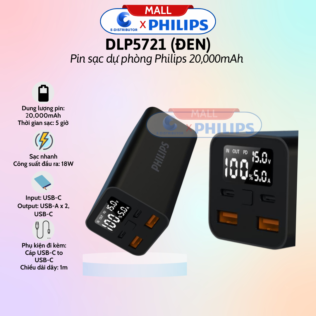 Pin sạc dự phòng Digital display 20.000mAh PD65W+22.5W Philips DLP5721VK/74