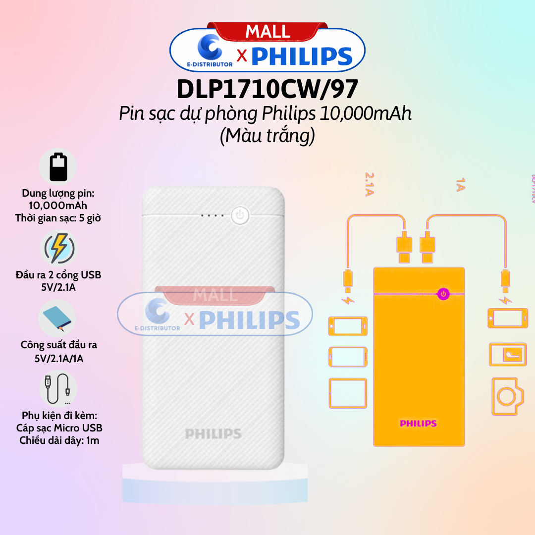 Pin sạc dự phòng 10.000mAh Type C Philips DLP1710CW/97 màu trắng