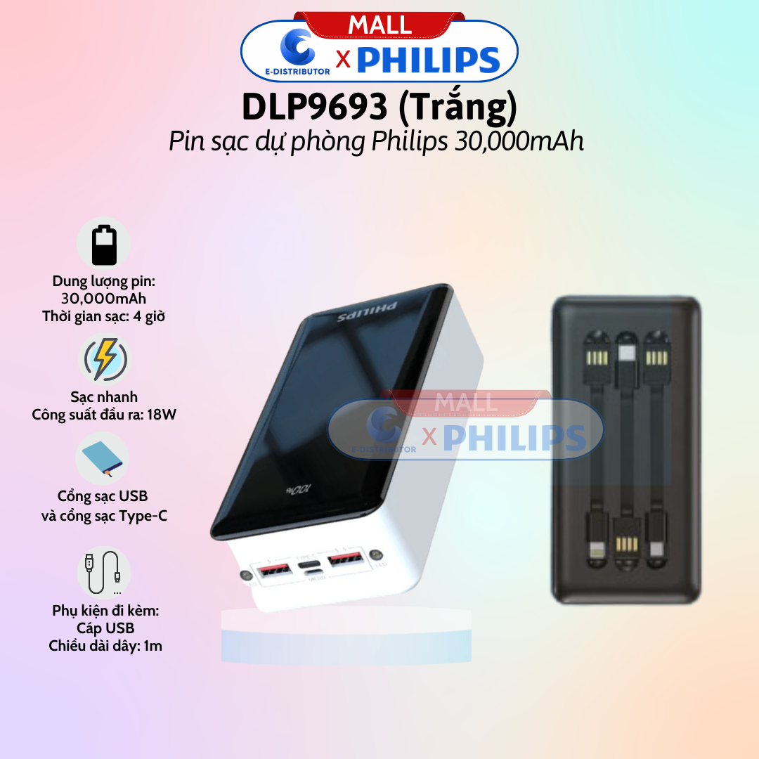 Pin sạc dự phòng kèm cáp 30.000mAH 22.5W Philips DLP9693KW/97 màu trắng